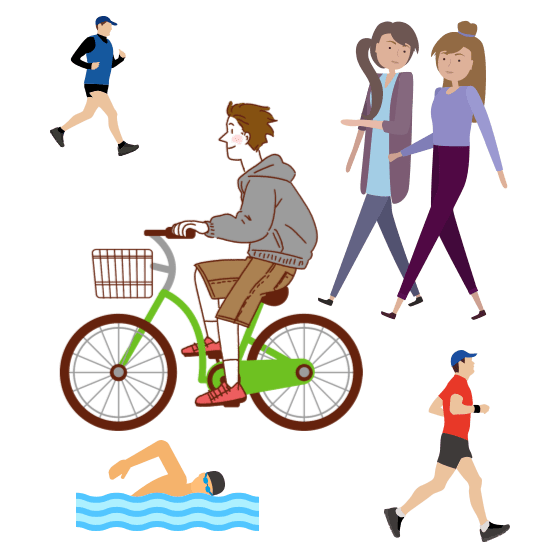 걷기, 달리기, 자전거 타기, 수영