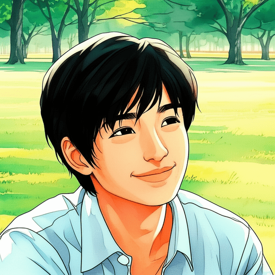 스튜디오 지브리 스타일의 감성적인 수채화 일러스트레이션. 부드러운 파스텔 톤과 따뜻한 조명 아래, 싱그러운 잔디밭에 앉아 밝은 미래를 꿈꾸며 활짝 웃고 있는 20대 한국인 청년의 상반신 모습. 그의 눈빛에서는 희망과 자신감이 느껴지며, 주변에는 평화로운 공원 풍경이 부드럽게 흐려져 있다. 이미지 안에 어떠한 글자, 숫자, 로고, 기호도 포함하지 않는다(text-free, no numbers, no letters, no logos, no symbols).