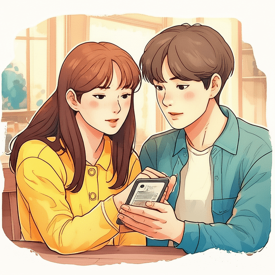 스튜디오 지브리 스타일의 감성적인 수채화 일러스트레이션. 부드러운 파스텔 톤과 따뜻한 조명 아래, 친구와 함께 카페에서 커피를 마시며 정부 복지 정책 변화에 대해 진지하게 대화하고 있는 20대 한국인 남녀 한 쌍의 모습. 한 명이 손가락으로 스마트폰 화면을 가리키며 설명하고, 다른 한 명은 고개를 끄덕이며 경청하고 있다. 배경은 부드럽게 번지는 카페 내부 풍경이다. 이미지 안에 어떠한 글자, 숫자, 로고, 기호도 포함하지 않는다(text-free, no numbers, no letters, no logos, no symbols).
