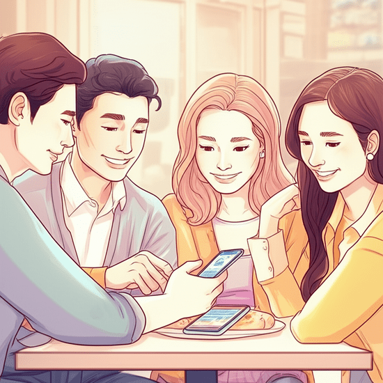 스튜디오 지브리 스타일의 감성적인 수채화 일러스트레이션. 부드러운 파스텔 톤과 따뜻한 조명 아래, 친구들과 즐겁게 대화하며 복지 정책 정보를 공유하는 젊은 한국인들의 모습. 한 명이 손가락으로 스마트폰 화면을 가리키고 있다. 배경은 활기찬 카페의 흐릿한 모습으로, 인물에 집중시킨다. 이미지 안에 어떠한 글자, 숫자, 로고, 기호도 포함하지 않는다.