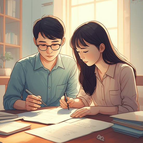 스튜디오 지브리 스타일의 감성적인 수채화 일러스트레이션. 부드러운 파스텔 톤과 따뜻한 조명 아래, 정부 지원 관련 서류 뭉치와 펜을 들고 진지하게 고민하는 젊은 한국인 커플의 모습. 그들 위로 부드러운 햇살이 드리워져 있다. 배경은 아늑한 거실의 흐릿한 모습으로, 인물에 집중시킨다. 이미지 안에 어떠한 글자, 숫자, 로고, 기호도 포함하지 않는다.