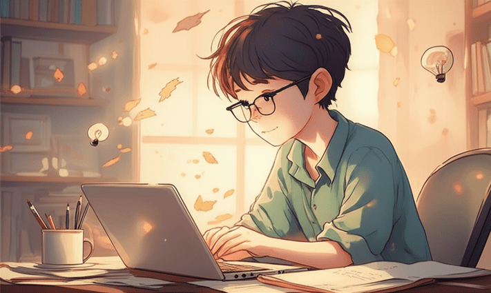 스튜디오 지브리 스타일의 감성적인 수채화 일러스트레이션. 부드러운 파스텔 톤과 따뜻한 조명 아래, 노트북 앞에서 열심히 자료를 찾아보며 고개를 끄덕이는 젊은 한국인 남성의 모습. 주변에는 반짝이는 아이디어가 떠오르는 듯한 작은 심볼들이 부드럽게 흩뿌려져 있다. 배경은 아늑한 서재의 흐릿한 모습으로, 인물에 집중시킨다. 이미지 안에 어떠한 글자, 숫자, 로고, 기호도 포함하지 않는다.