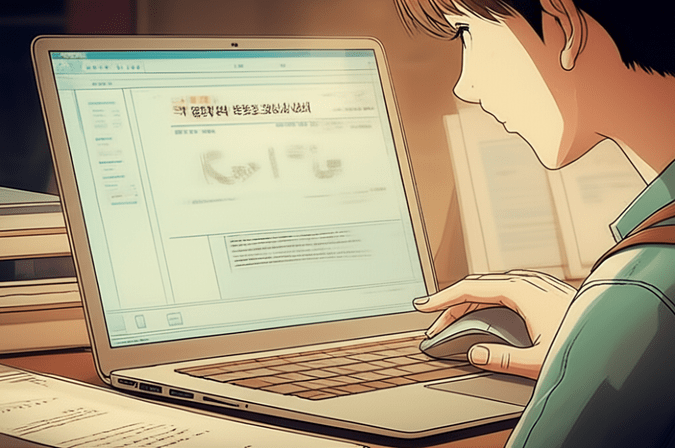 스튜디오 지브리 스타일의 감성적인 수채화 일러스트레이션. 부드러운 파스텔 톤과 따뜻한 조명 아래, 책상에 앉아 노트북으로 복지 정보 사이트를 꼼꼼히 검색하며 신중한 표정을 짓고 있는 20대 한국인 남성의 클로즈업. 그의 손가락이 마우스 스크롤 휠에 닿아있고, 주변에는 몇 권의 서류나 책이 부드럽게 흐려져 있다. 이미지 안에 어떠한 글자, 숫자, 로고, 기호도 포함하지 않는다(text-free, no numbers, no letters, no logos, no symbols).
